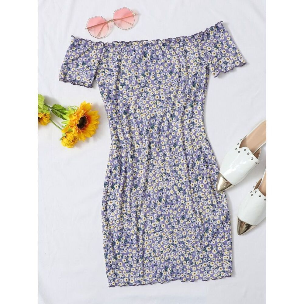 Womens Shein Ditsy Floral Print Off Shoulder Dress - Sz L